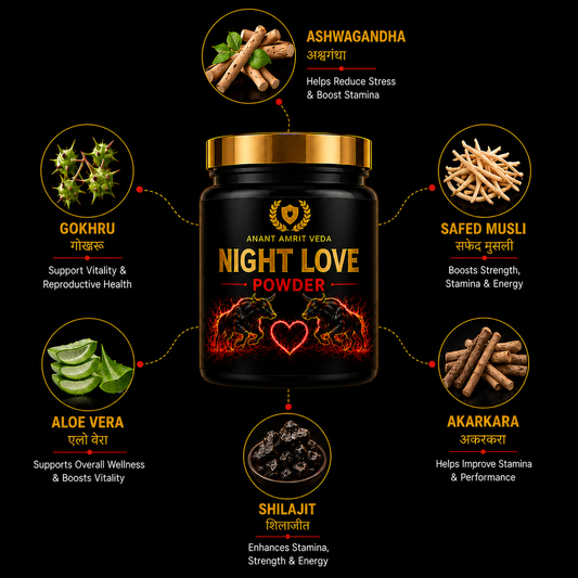 Black container labeled 'Night Love Powder' with health benefits on a dark background