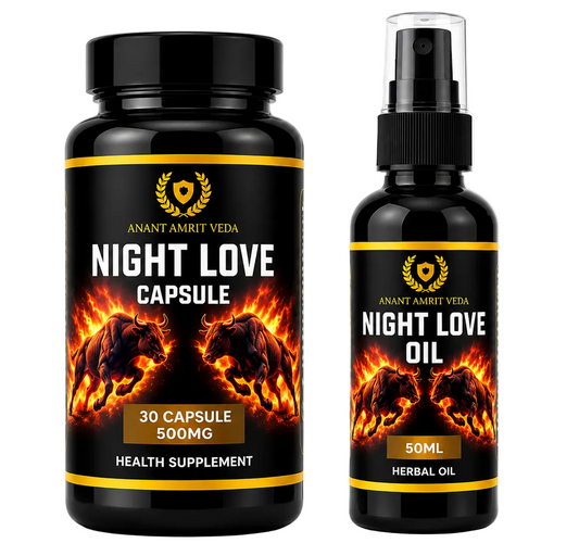Two black bottles labeled 'Night Love Capsule' and 'Night Love Oil' on a white background