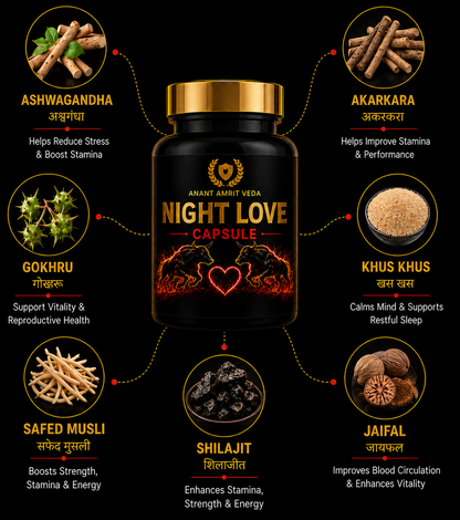 Night Love Capsule packaging with ingredients on a black background