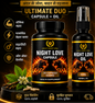 Night Love capsule and oil packaging with branding and product details on a dark background